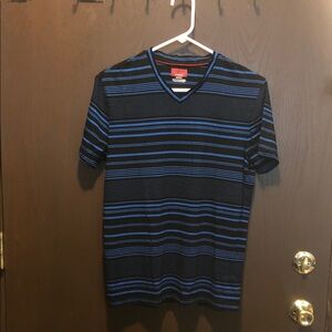 Alfani Men's Black and Blue Striped V-Neck Tee